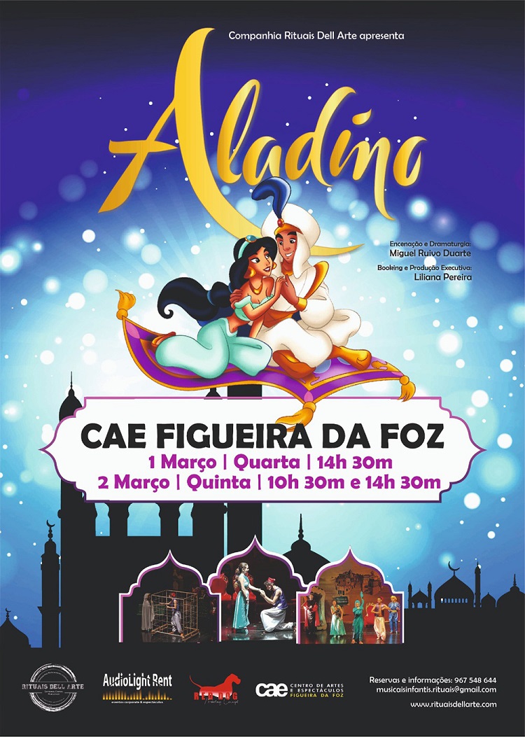 Cartaz de um espetáculo no CAE com Aladino Filamornias em Soure